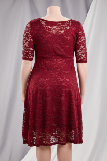 XL-6XL autumn new see through lace micro-elastic three-quarter sleeves pockets stylish loose midi dress with lining