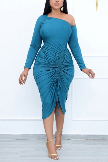autumn new solid color stretch boat-neck backless drawstring ruched sexy midi dress