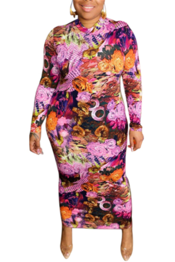 plus size xl-5xl new stylish flowers batch printing zip-up stretch casual autumn midi dress