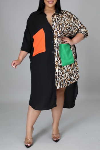 autumn plus size l-4xl leopard batch printing stitching single breasted inelastic loose casual midi dress (without belt)