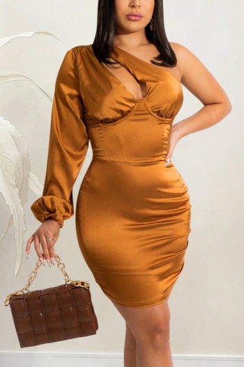 four colors early autumn solid color plus size hollow out one shoulder stretch satin sexy mini dress