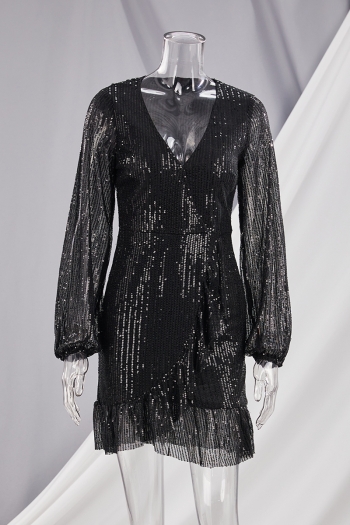Summer new stylish sequin micro-elastic ruffles see-through puff sleeves elegant mini evening dress