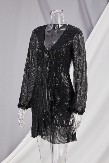 Summer new stylish sequin micro-elastic ruffles see-through puff sleeves elegant mini evening dress