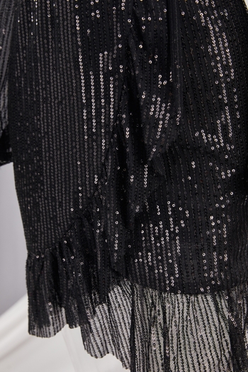 Summer new stylish sequin micro-elastic ruffles see-through puff sleeves elegant mini evening dress