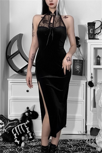 Solid color lace cheongsam bandage halter-neck velvet backless slit stretch sexy midi dress 
