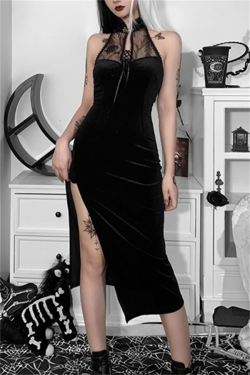 Solid color lace cheongsam bandage halter-neck velvet backless slit stretch sexy midi dress 