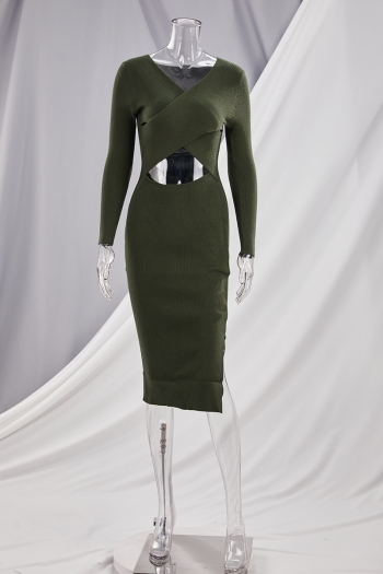 Autumn new stylish simple pure color stretch hollow slit slim sexy midi dress