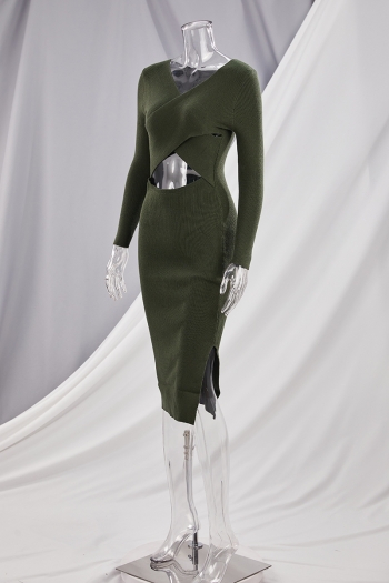 Autumn new stylish simple pure color stretch hollow slit slim sexy midi dress