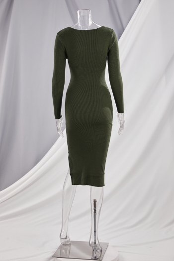 Autumn new stylish simple pure color stretch hollow slit slim sexy midi dress
