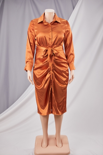 XL-5XL Plus size autumn new stylish inelastic solid color single-breasted pleated casual midi dress(with belt)