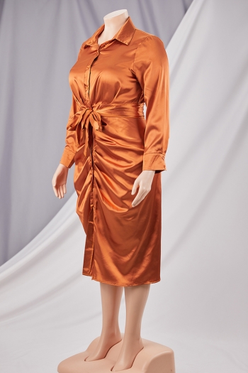 XL-5XL Plus size autumn new stylish inelastic solid color single-breasted pleated casual midi dress(with belt)