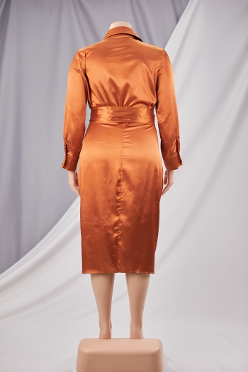 XL-5XL Plus size autumn new stylish inelastic solid color single-breasted pleated casual midi dress(with belt)