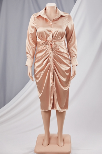 XL-5XL Plus size autumn new stylish inelastic solid color single-breasted pleated casual midi dress(with belt)