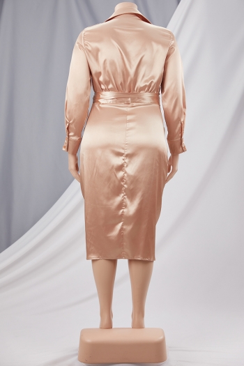 XL-5XL Plus size autumn new stylish inelastic solid color single-breasted pleated casual midi dress(with belt)