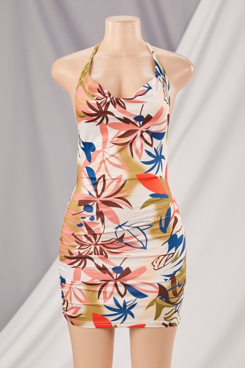 Summer new stylish batch printing halter neck backless slim pleated stretch sexy mini dress