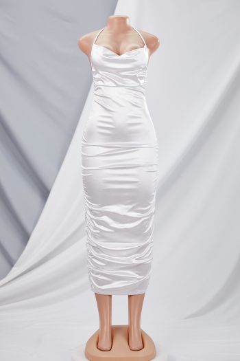 Summer new stylish simple solid color halter neck backless stretch pleated slim sexy midi dress