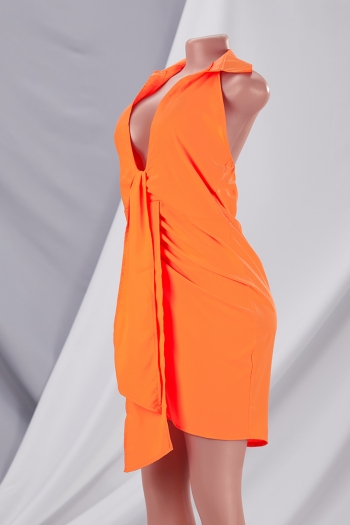 Summer new stylish simple solid color orange halter neck backless v-neck micro-elastic plus size sexy mini dress