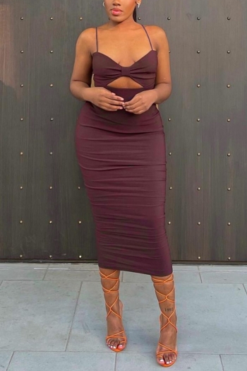 summer new stylish simple solid color pleated sling hollow stretch slim plus size backless sexy midi dress
