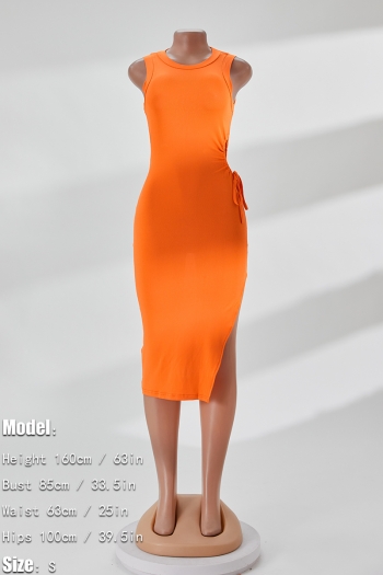 Summer new stylish simple solid color orange hollow stretch high slit sexy midi dress