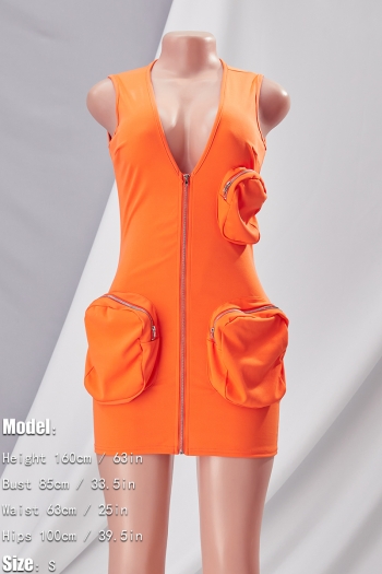 Summer new stylish simple orange 6 colors solid color stretch v-neck pocket zip-up plus size sexy mini dress