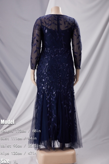 New stylish mesh patchwork sequin embroidery inelastic long sleeves plus size elegant maxi evening dress(with lining)
