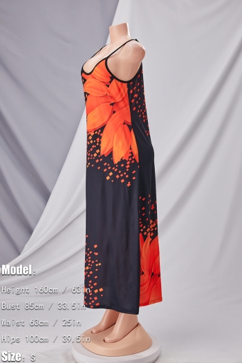 S-5XL plus size 5 colors orange leaf fixed printing spliced stretch pockets sling backless sexy maxi dress