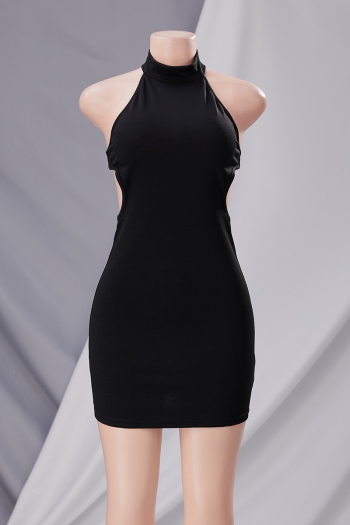 Summer new stylish simple solid color sleeveless halter neck stretch backless sexy mini dress