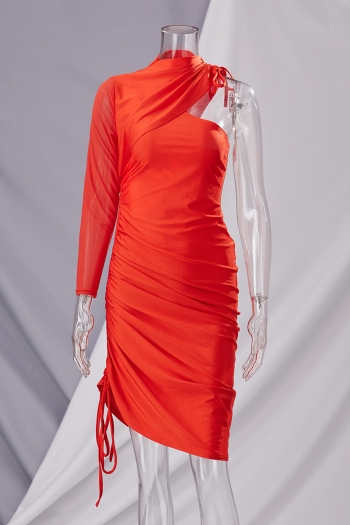 Spring new stylish simple 3 colors solid orange stretch drawstring slim casual midi dress