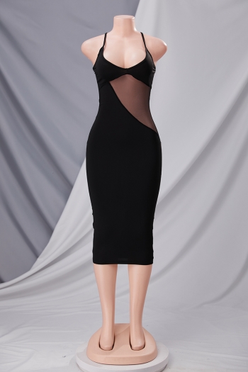 Summer new solid color cross sling stitching mesh see-through stretch midi dress