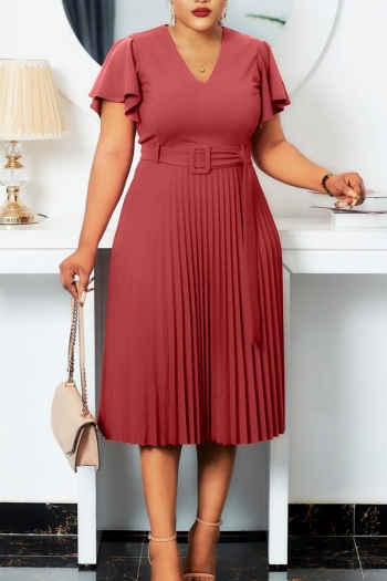 s-3xl summer new plus size 5 colors solid color micro-elastic v-neck zip-up back pleated stylish casual midi dress with belt