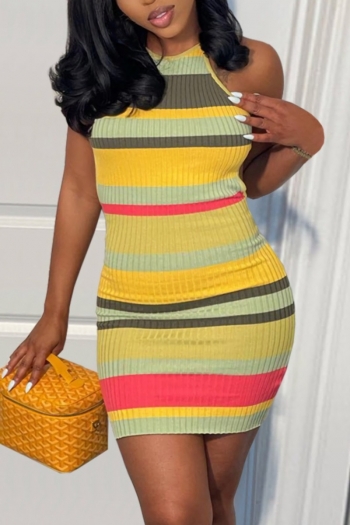 summer new stylish 4 colors stretch stripe printing sleeveless round neck ribbed knit slim sexy mini dress