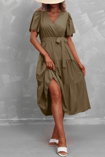 s-2xl plus size summer new stylish solid color inelastic v-neck short sleeves with belt casual midi dress