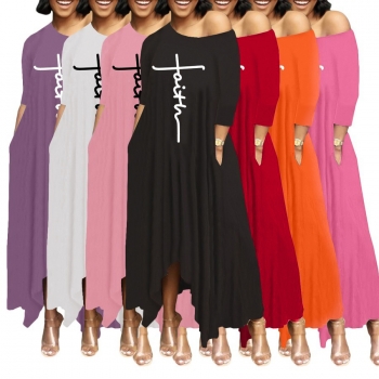 S-2XL plus size summer new stylish 7 colors stretch letter fixed printing pocket irregular casual maxi dress