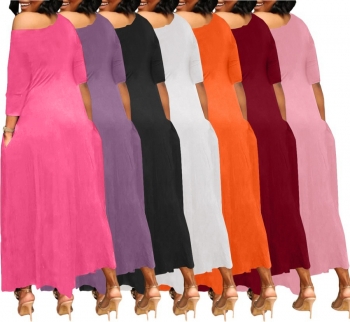 S-2XL plus size summer new stylish stretch 7 colors letter printing pocket loose casual maxi dress