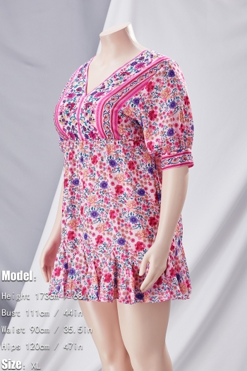 S-2XL plus size summer new stylish micro elastic floral batch printing v-neck lace-up casual mini dress