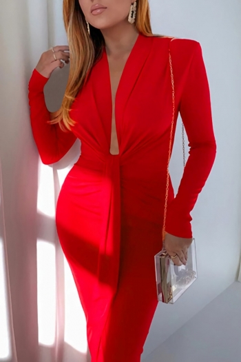 spring new stylish 4 colors solid color stretch shirring v-neck long sleeves split slim sexy midi dress(with shoulder padded)