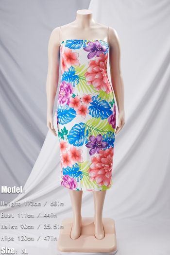 L-4XL plus size summer new stylish stretch flower & leaf batch printing tube design slim sexy maxi dress