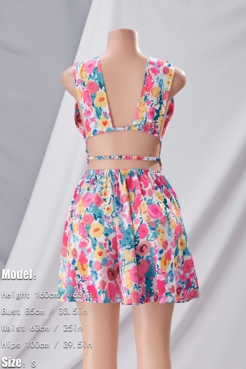 Summer new stylish floral batch printing deep v-neck hollow backless sleeveless stretch sexy mini dress