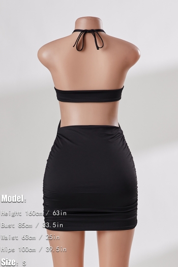 XS-L summer new stylish solid color stretch shirring hollow halter-neck lace-up backless slim sexy mini dress