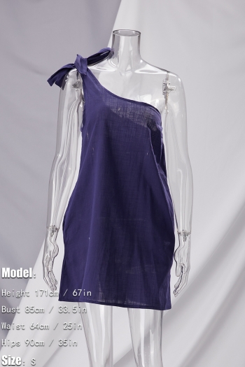 Summer new solid color sloping shoulder bandage pocket simple inelastic sexy mini dress