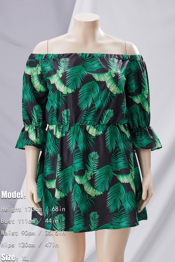 S-2XL plus size summer new leaf batch printing off-the-shoulder lantern sleeves casual mini dress