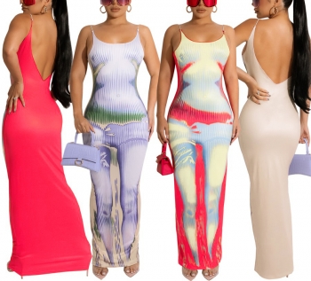 Summer new two colors fixed printing stretch backless sling sexy bodycon maxi dress
