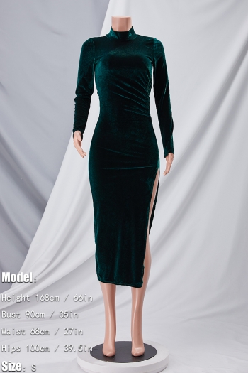 Spring & summer new 3 colors solid color stretch high neck smocked high slit stylish classic midi dress