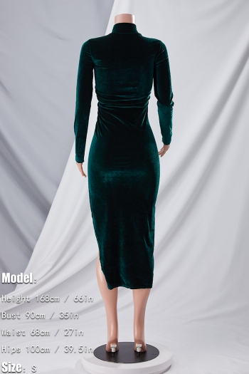 Spring & summer new 3 colors solid color stretch high neck smocked high slit stylish classic midi dress