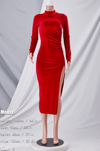 Spring & summer new 3 colors solid color stretch high neck smocked high slit stylish classic midi dress