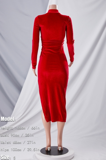Spring & summer new 3 colors solid color stretch high neck smocked high slit stylish classic midi dress