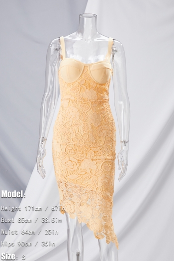 Summer new 2 colors lace solid color patchwork stretch strappy zip-up irregular slim stylish pretty mini dress