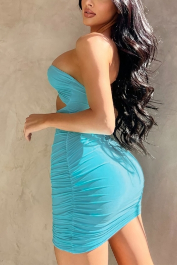 Summer new stylish solid color stretch hollow shirring tube design backless bodycon sexy mini dress