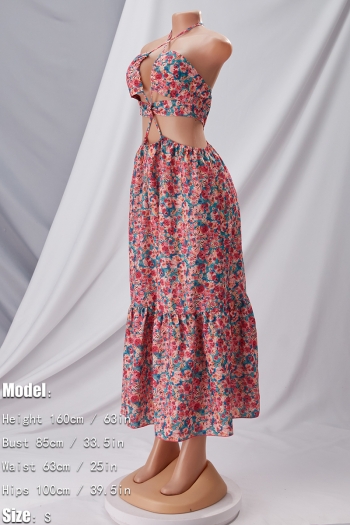 S-XL summer new stylish floral batch printing halter-neck lace-up deep v-neck hollow sexy midi dress