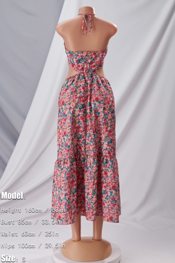 S-XL summer new stylish floral batch printing halter-neck lace-up deep v-neck hollow sexy midi dress